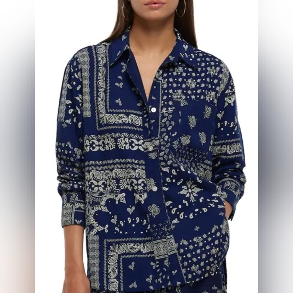 River Island Bandana Print Blue Button Down Shirt